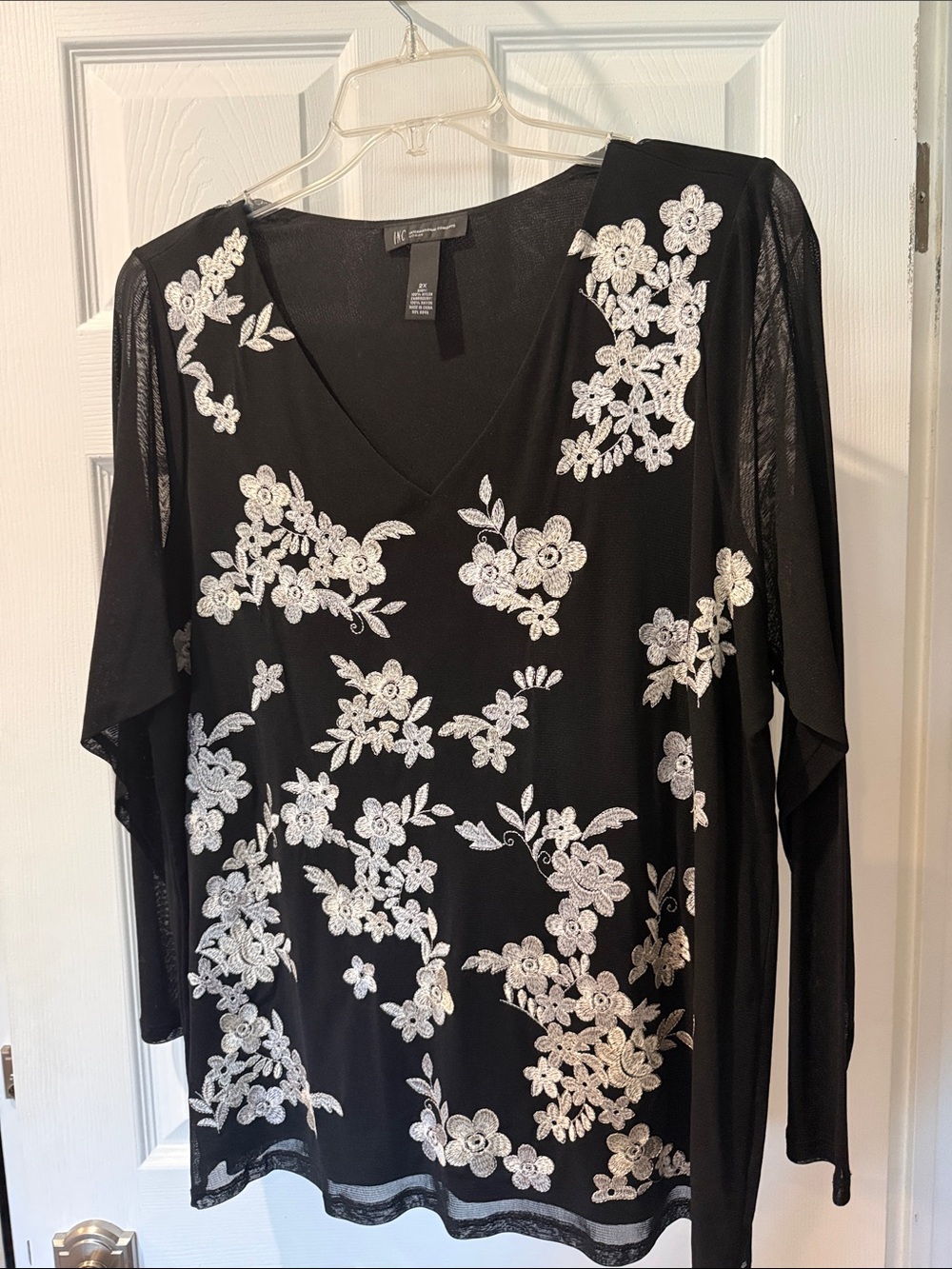 INC International Concepts Black Sheer Floral Embroidered V-Neck Blouse